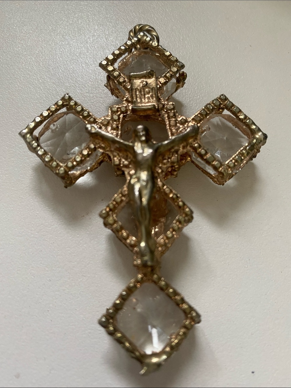 Vintage Gold INRI crucifix both sides Cross Pendant with Clear Insets
